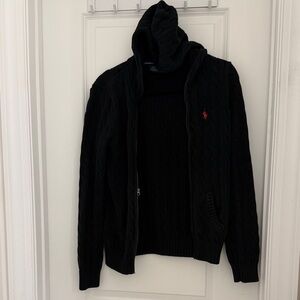 Ralph Lauren Black Cable-Knit Zip Hoodie with Red Pony